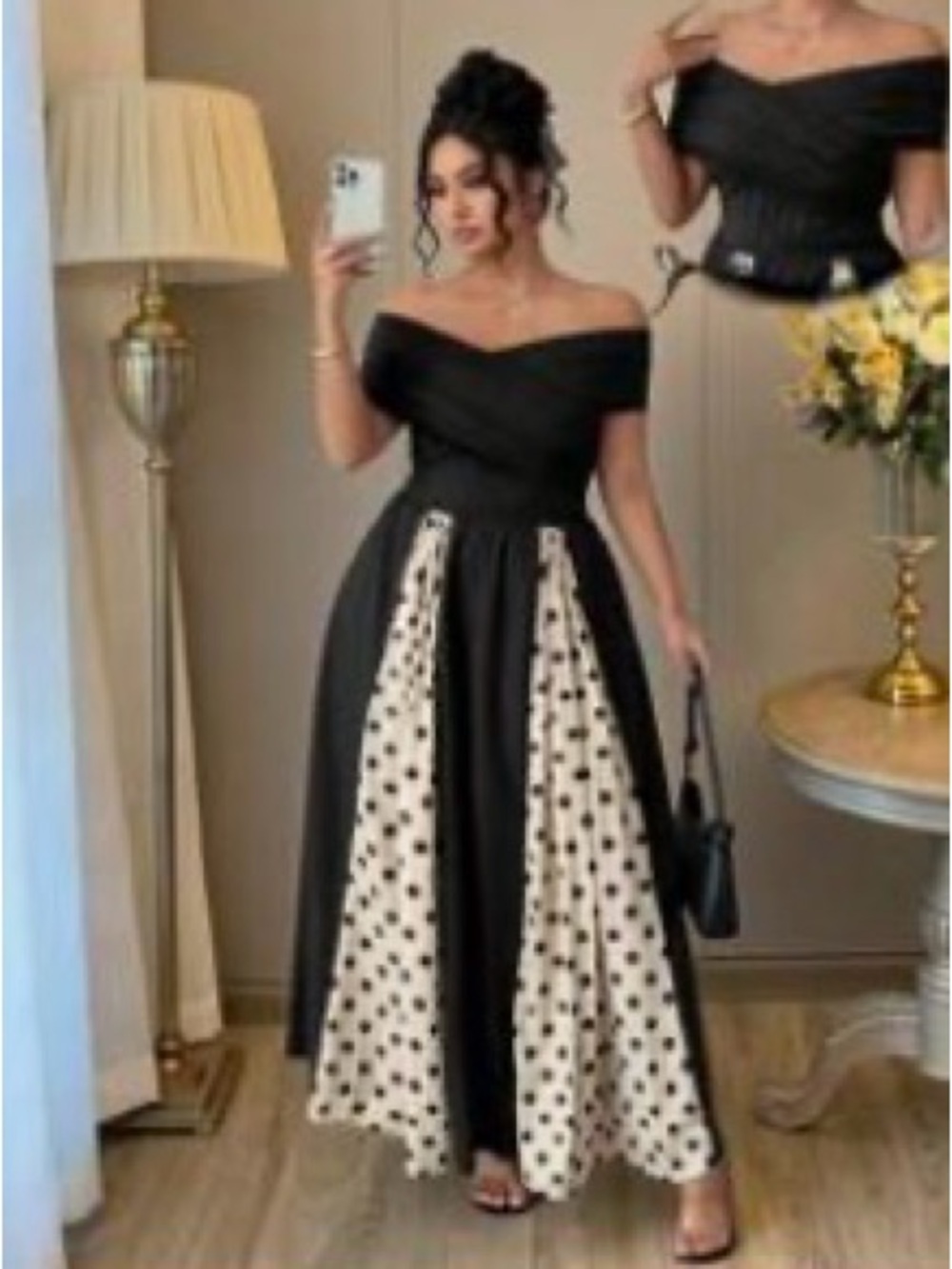 Elegant Off-Shoulder Black Dress with Polka Dot Panels